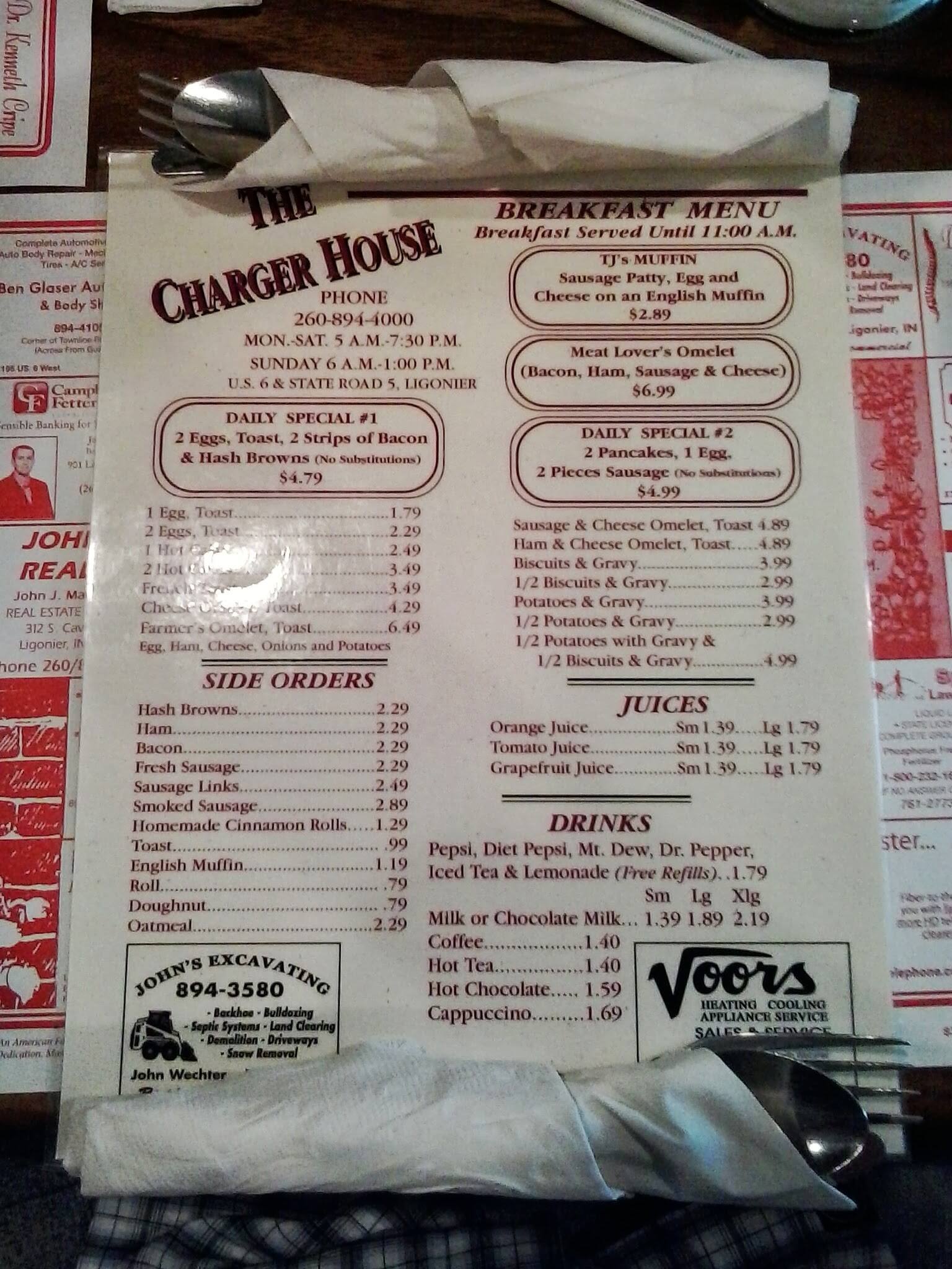 Menu at Charger House restaurant, Ligonier, 111 US6E