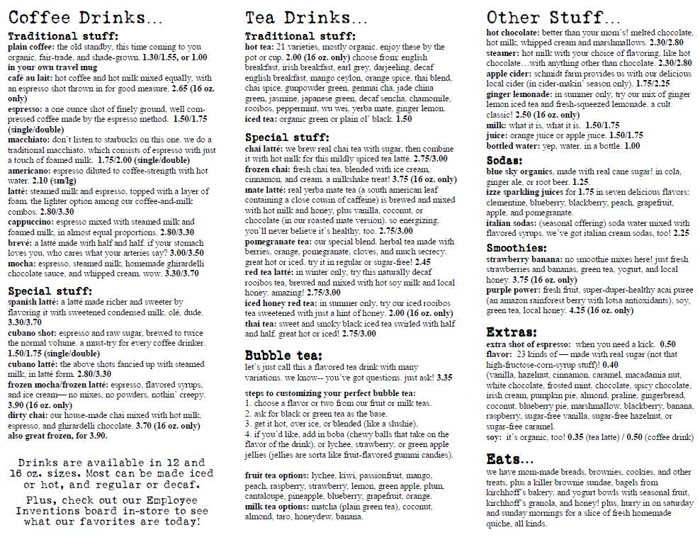 Etcetera Coffeehouse a Paducah Foto del Menu con Prezzi Urbanspoon