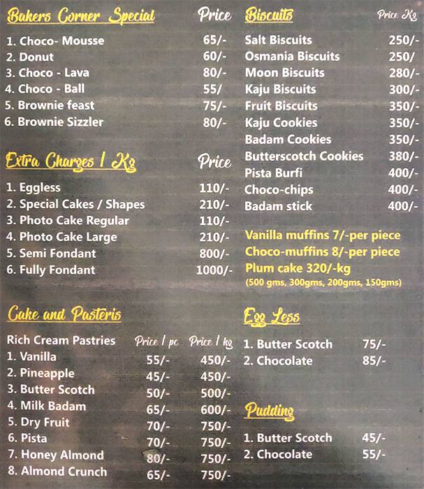 Menu at Bakers Corner, Hyderabad, Opposite Meraj Hotel