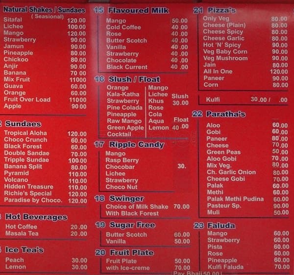Pasteur Ice Cream Parlour menu