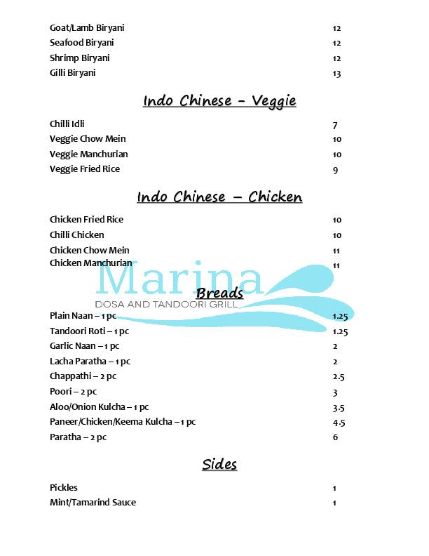 Marina Dosa Tandoori Grill Menu