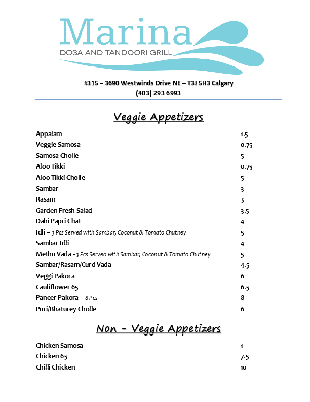 Marina Dosa & Tandoori Grill Menu Urbanspoon/Zomato