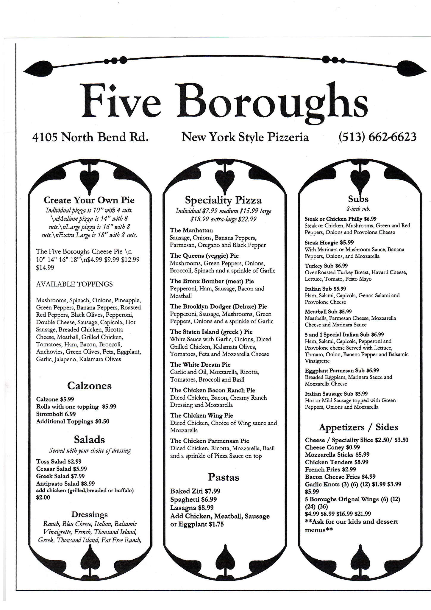 Five Boroughs Pizza Menu Five Boroughs Pizza Menu
