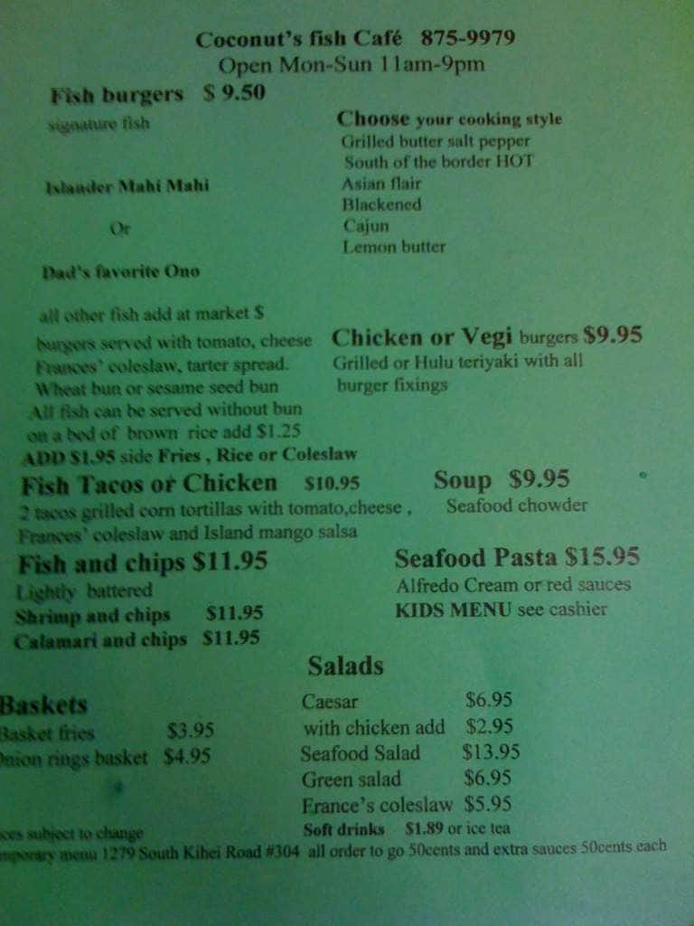 Coconut's Fish Cafe Maui Menu at Albert Nelson blog