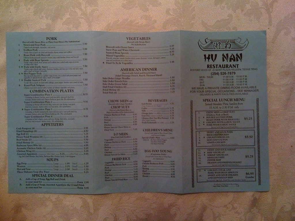 Menu at Hunan Chinese Restaurant, Killeen