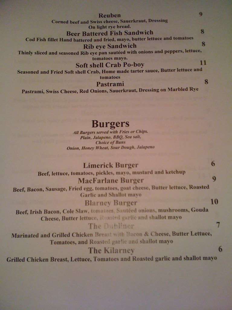 Menu at MacFarlane's Celtic Pub, Lake Charles