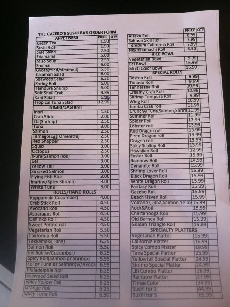 Menu at Gazebo Grill And Sushi Bar, Beach Haven