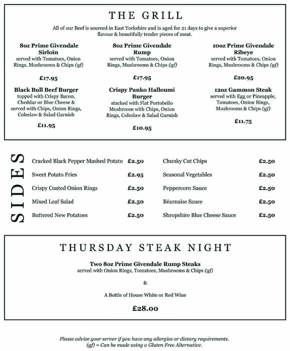 Menu At Black Bull Pub And Bar Escrick