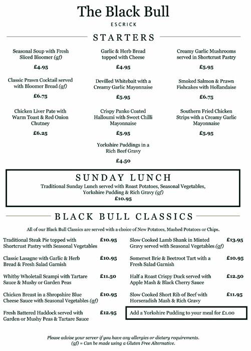 Menu at Black Bull pub & bar, Escrick