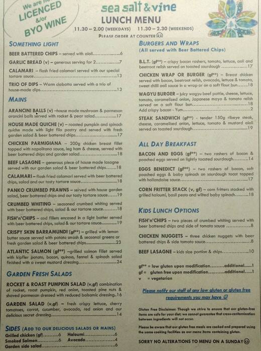 Menu at Sea Salt and Vine cafe, Scarborough