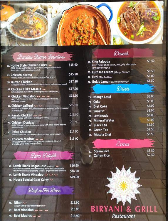 Menu for Biryani \u0026 Grill, Victoria Park 