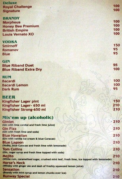 Runway Bar menu