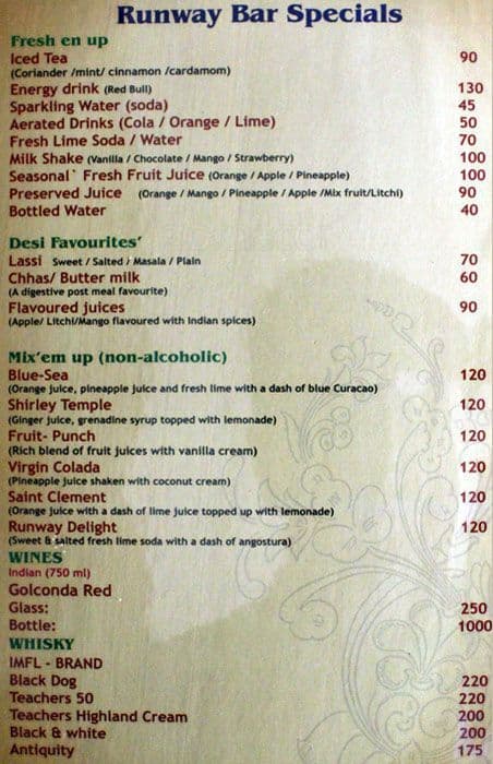 Runway Bar menu
