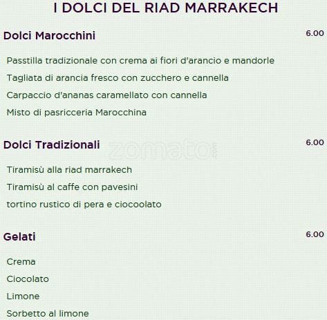 Menu di Riad Marrakech 