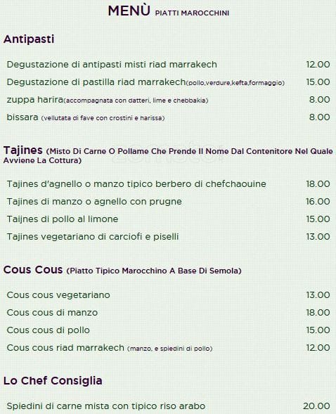 Menu di Riad Marrakech 