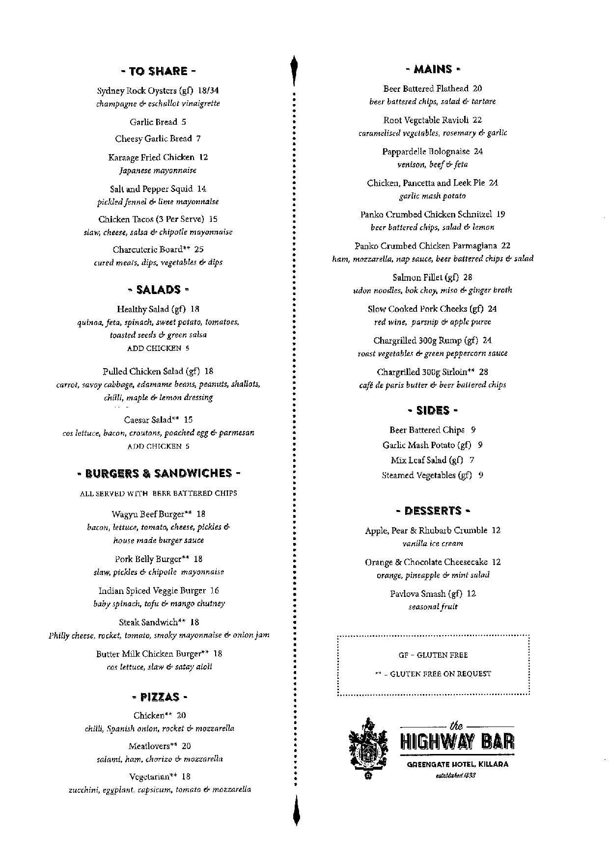 Highway Bar Greengate Hotel Menu Urbanspoon/Zomato