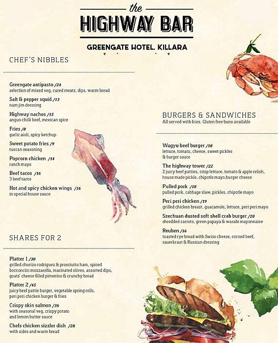 Highway Bar Greengate Hotel Menu Urbanspoon/Zomato