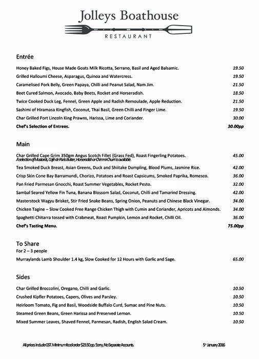 Menu At Jolleys Boathouse Restaurant Adelaide