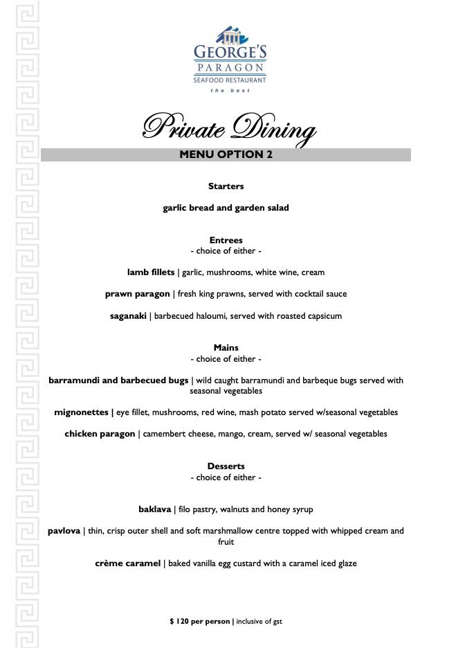 Menu at Paragon restaurant, Brisbane City