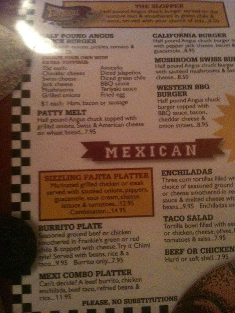 Menu at Frankie's Bar & Grill, Colorado Springs