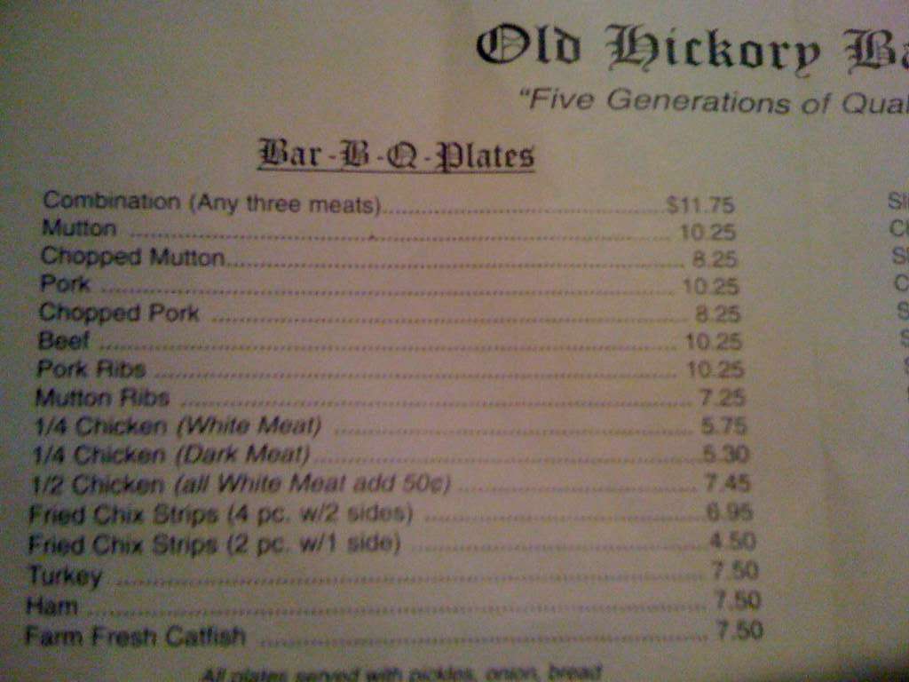Menu at Old Hickory Bar-B-Que, Owensboro