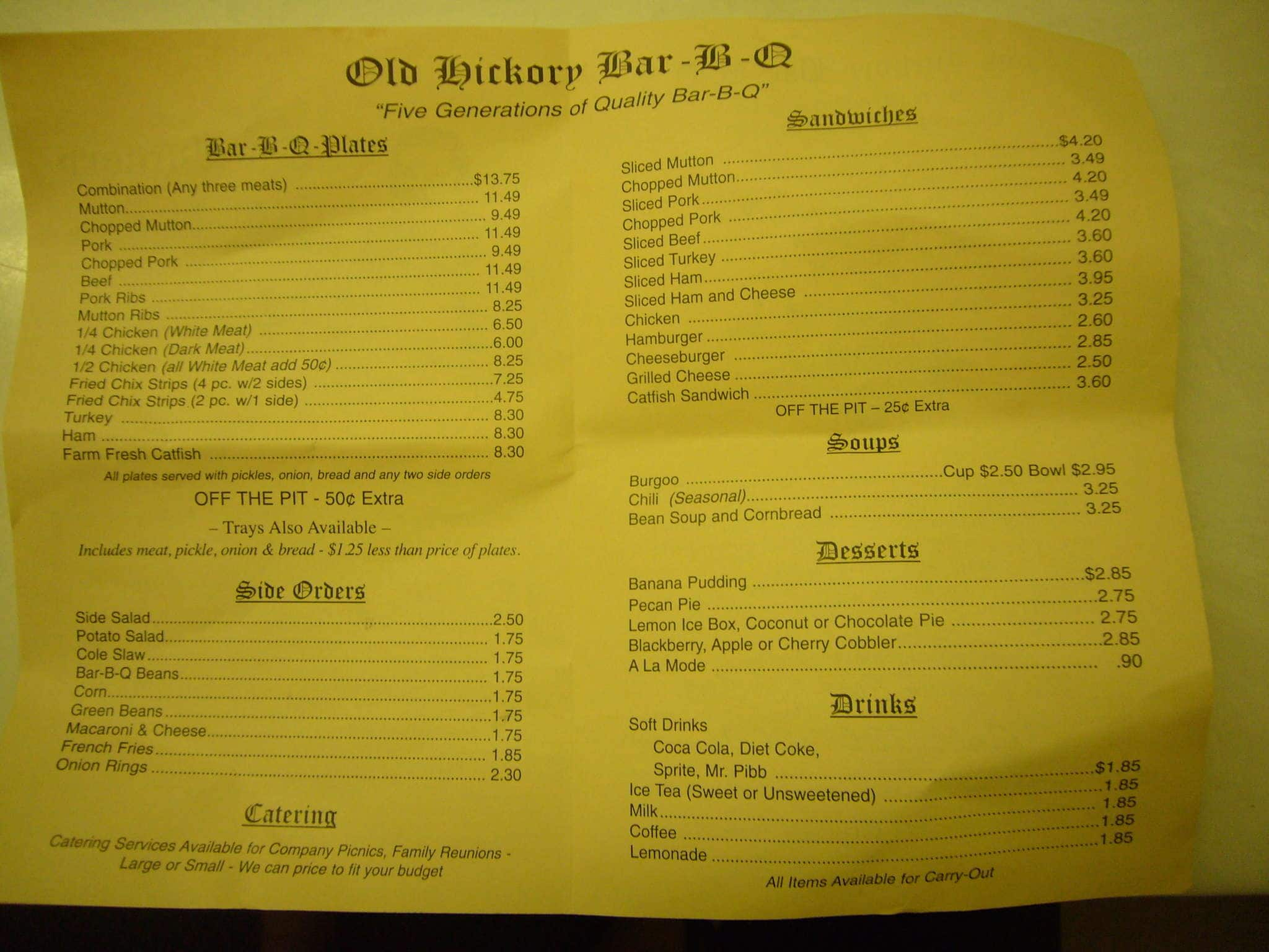 Menu At Old Hickory Bar-B-Que, Owensboro