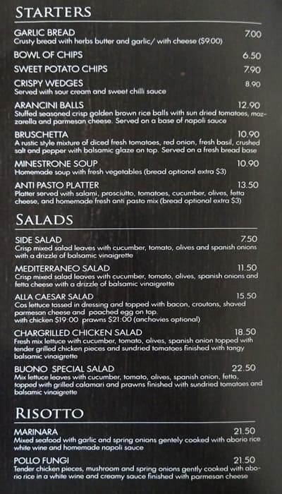 Menu Of Buono Italian Point Cook Melbourne