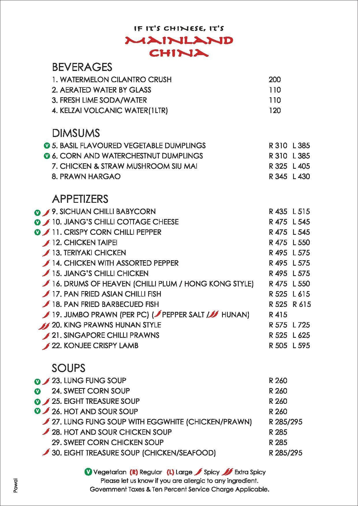 Mainland china menu discount
