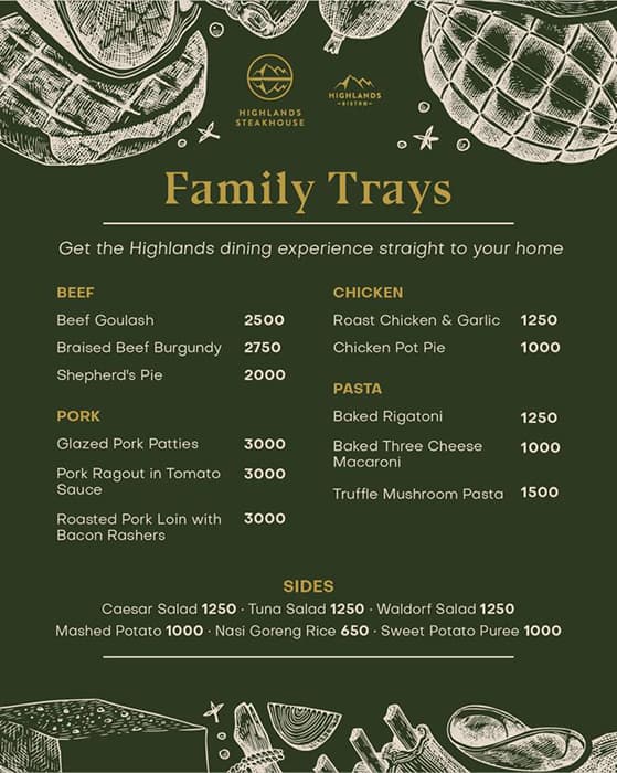 Menu of Highlands Steakhouse, Mall of Asia Complex (MOA), Pasay City
