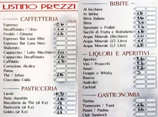 Menu di Bar Luna 