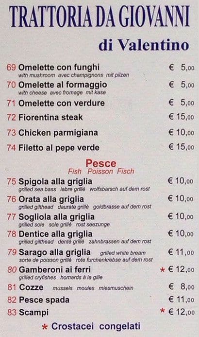 Menu di Trattoria Giovanni 