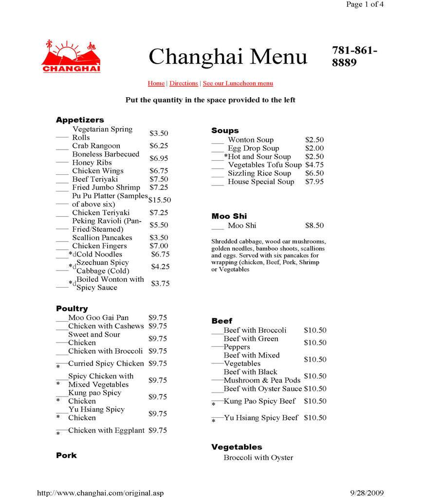 Carta de Chang Hai Restaurant