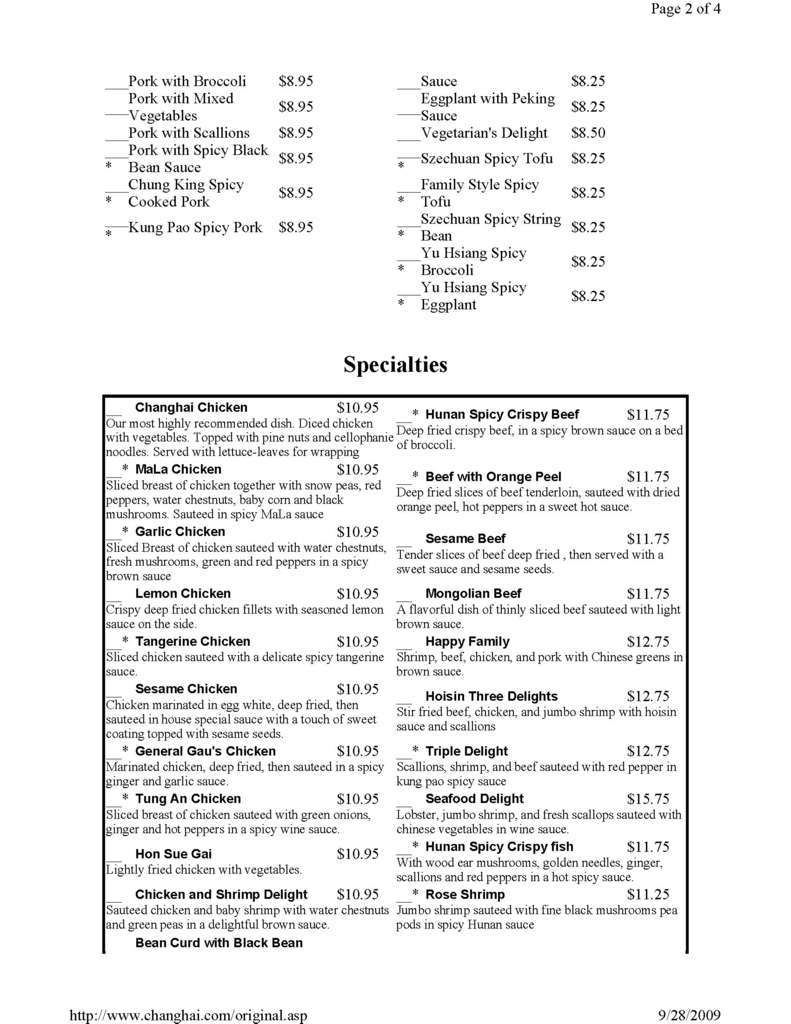 Carta de Chang Hai Restaurant