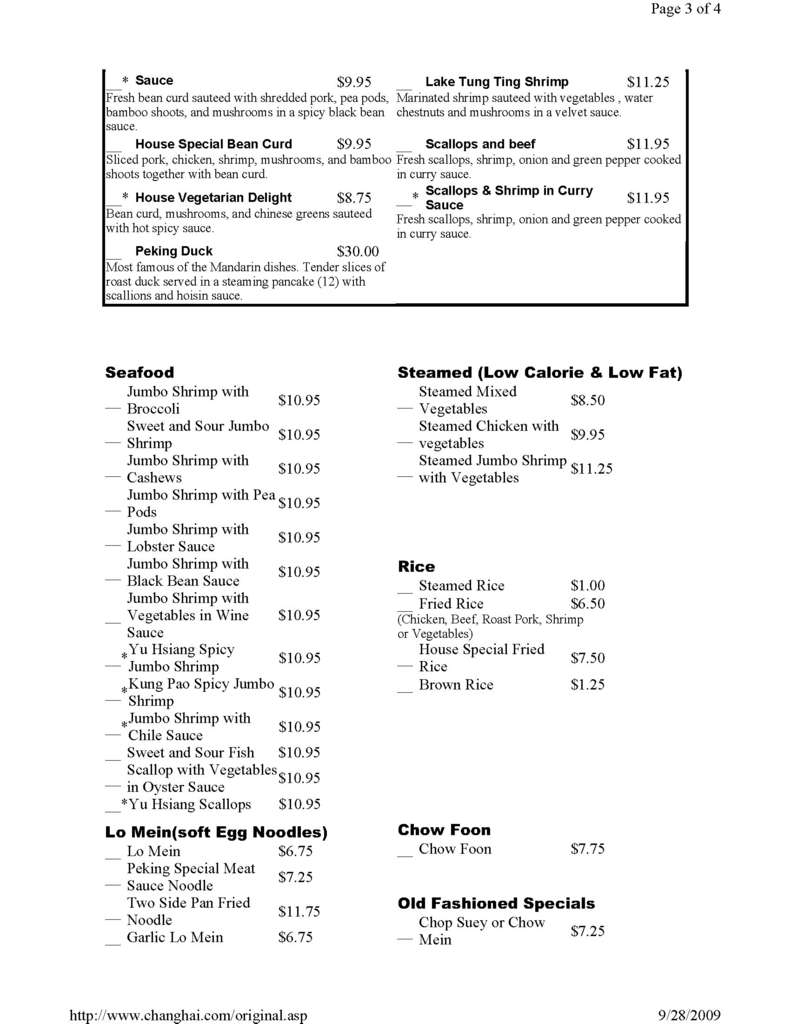 Carta de Chang Hai Restaurant