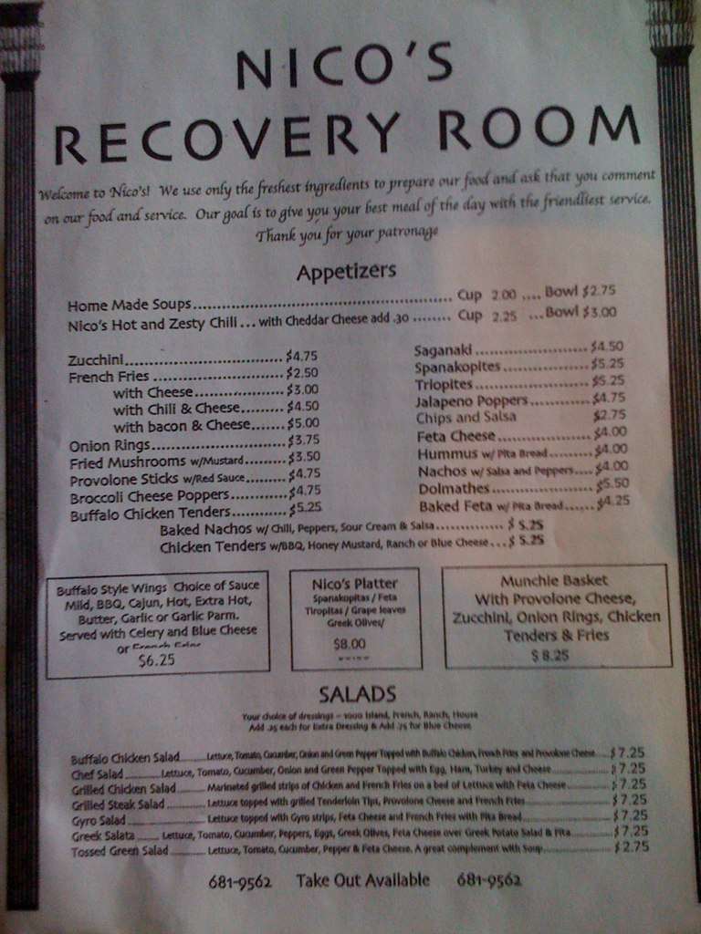 Menu At Nico S Recovery Room Pub Bar Pittsburgh