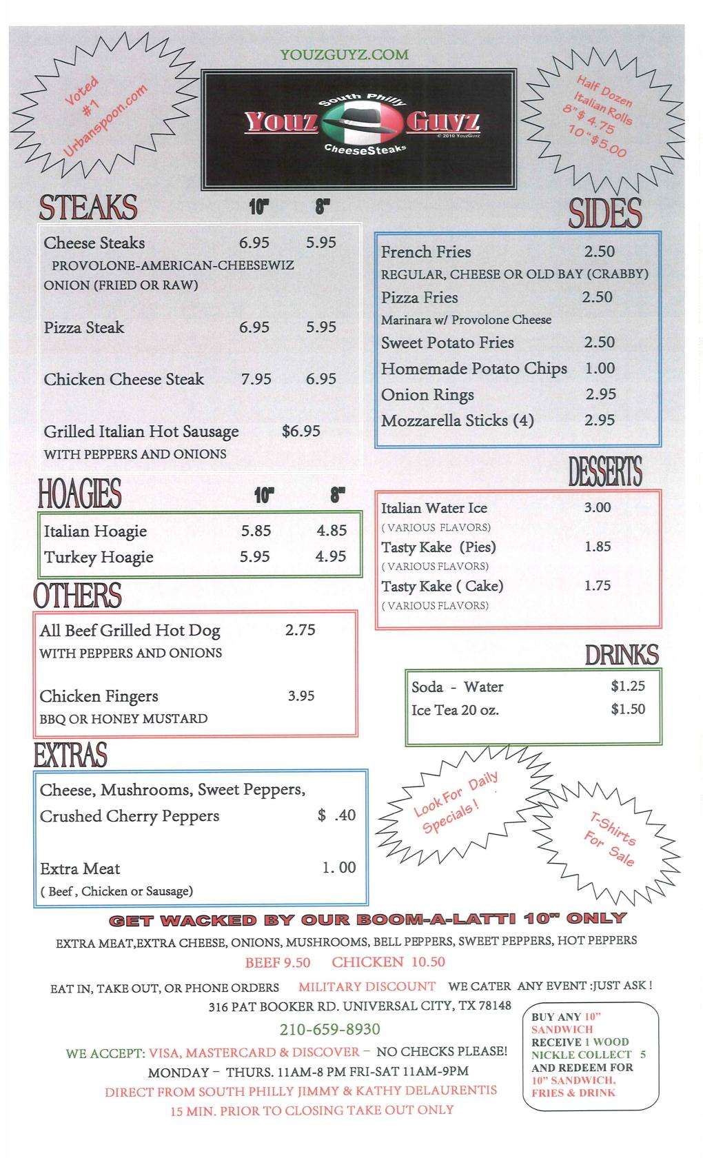 Menu at Youz Guyz South Philly Cheesesteaks restaurant, Universal City
