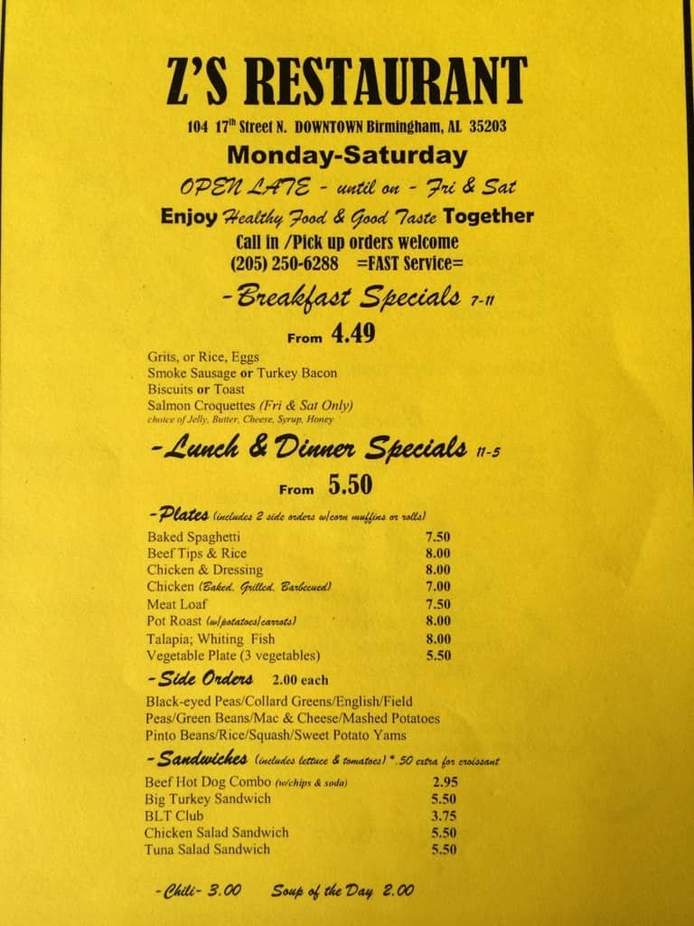 Z's Restaurant Menu, Menu for Z's Restaurant, Downtown, Birmingham