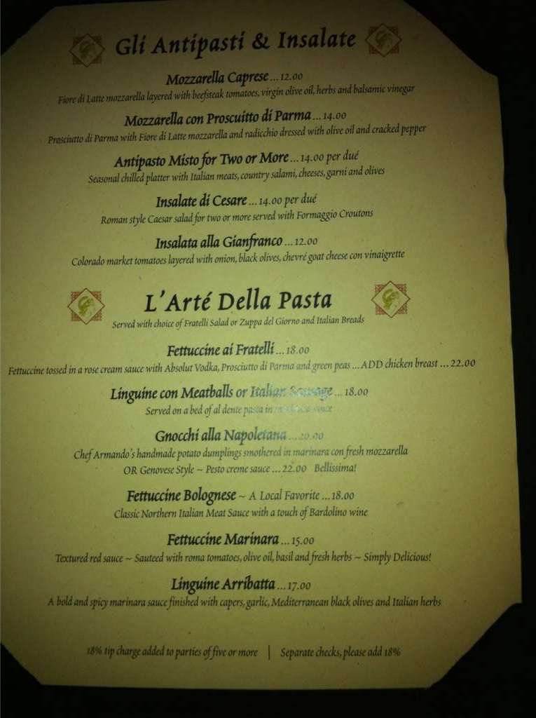 Menu at Fratelli Ristorante Italiano restaurant, Colorado Springs