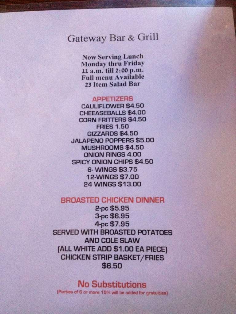 Gateway Bar & Grill Menu, Menu for Gateway Bar & Grill, South Sioux