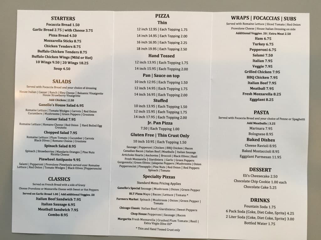 Ganello's Pizza Company Menu - Urbanspoon/Zomato