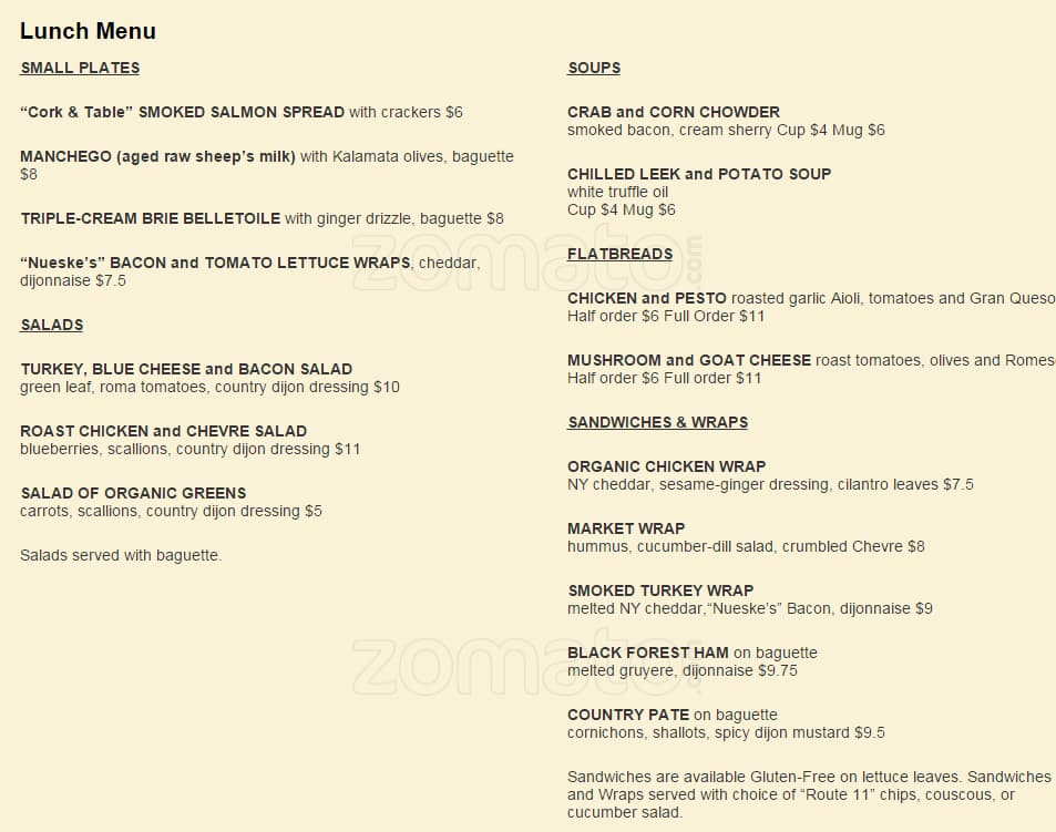 Cork and Table Menu, Menu for Cork and Table, Fredericksburg