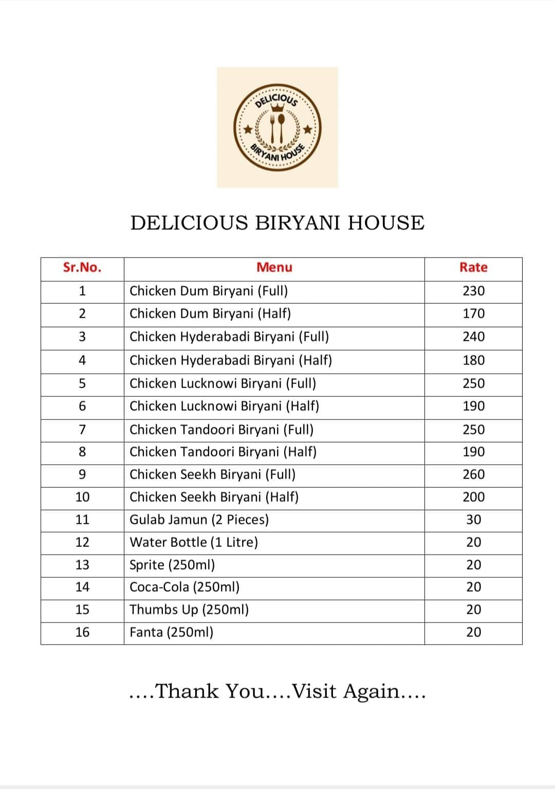 Menu Of Delicious Biryani House Wakad Pune 1892