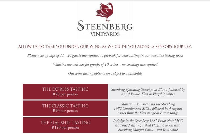 Steenberg Tasting Room Menu Menu For Steenberg Tasting Room