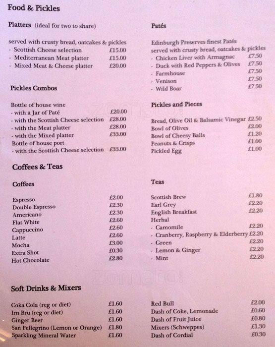 Menu at Pickles pub & bar, Edinburgh