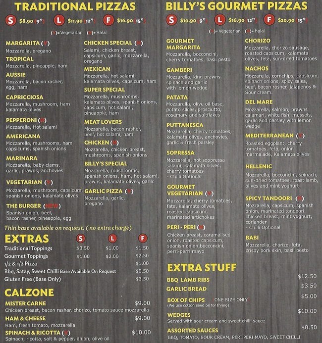 Billy's Pizza Joint Menu, Menu for Billy's Pizza Joint, Abbotsford