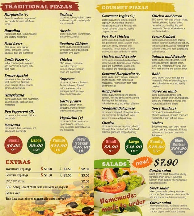 Encore Pizzeria Menu, Menu for Encore Pizzeria, Footscray, Melbourne