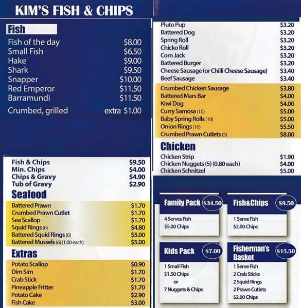 Menu at Kim's Fish & Chips restaurant, Huntingdale