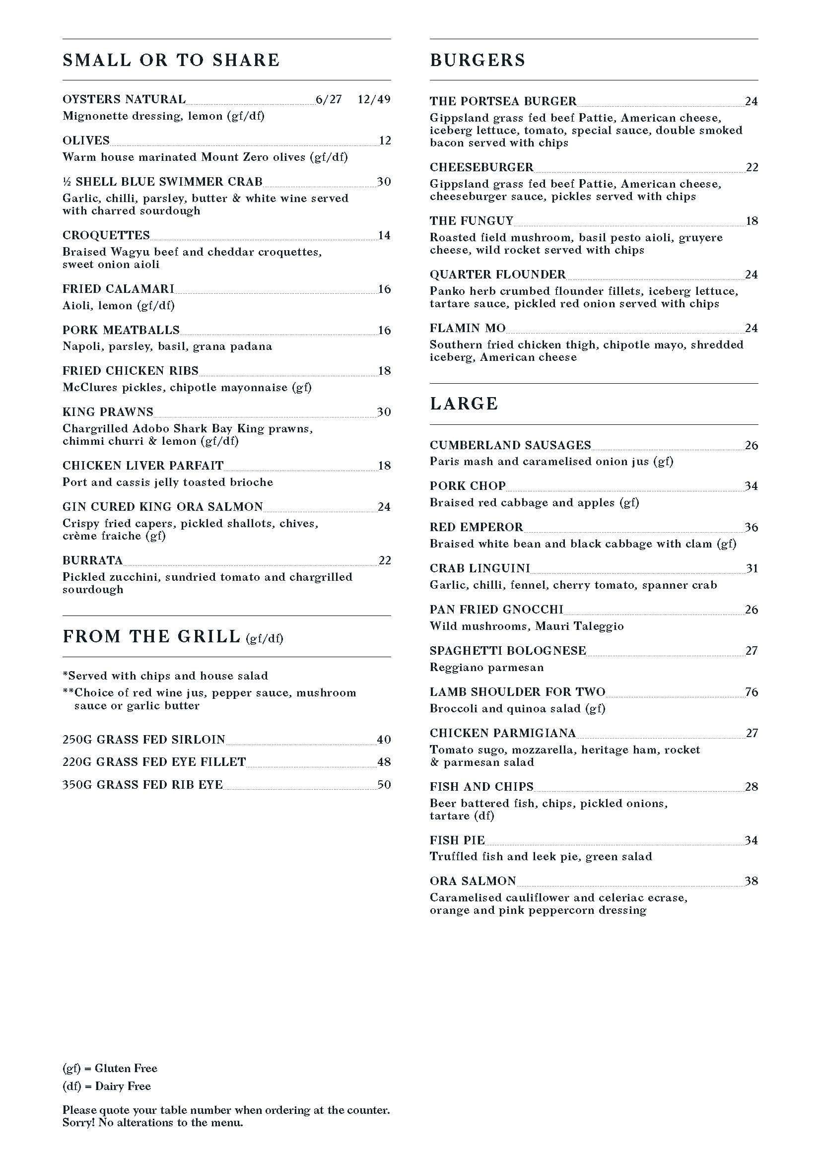 Menu at Portsea Hotel pub & bar, Portsea