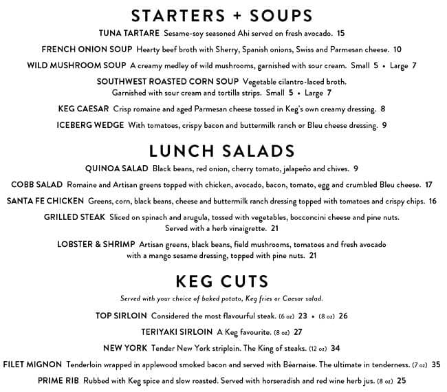 The Keg Dinner Menu