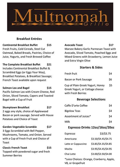 Multnomah Grille меню